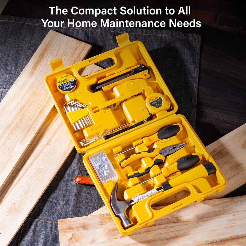 Deli DL1018J 18 Piece Household Tool Kit with Test Pen Electrical Tape Long Nose Plier Tape Measure Screwdriver Utility Knives Claw Hammer and Storage Box for DIY Home Repair (Pack of 1, Yellow) - Image 3