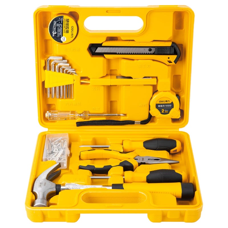 Deli DL1018J 18 Piece Household Tool Kit with Test Pen Electrical Tape Long Nose Plier Tape Measure Screwdriver Utility Knives Claw Hammer and Storage Box for DIY Home Repair (Pack of 1, Yellow) - Image 1