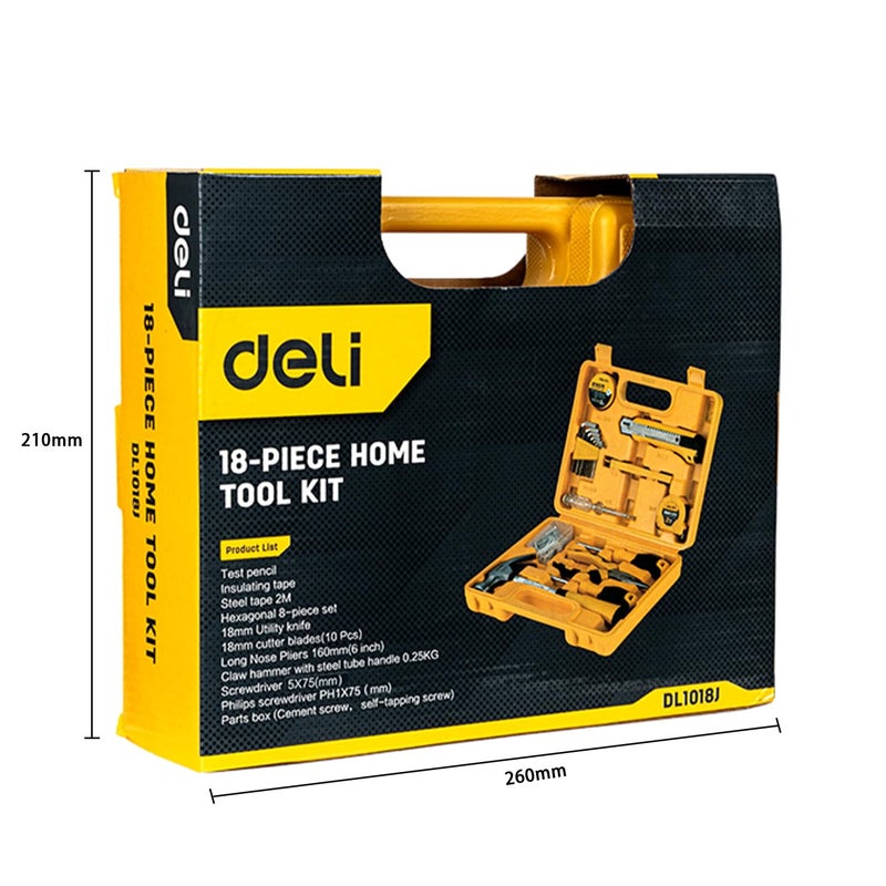 Deli DL1018J 18 Piece Household Tool Kit with Test Pen Electrical Tape Long Nose Plier Tape Measure Screwdriver Utility Knives Claw Hammer and Storage Box for DIY Home Repair (Pack of 1, Yellow) - Image 5