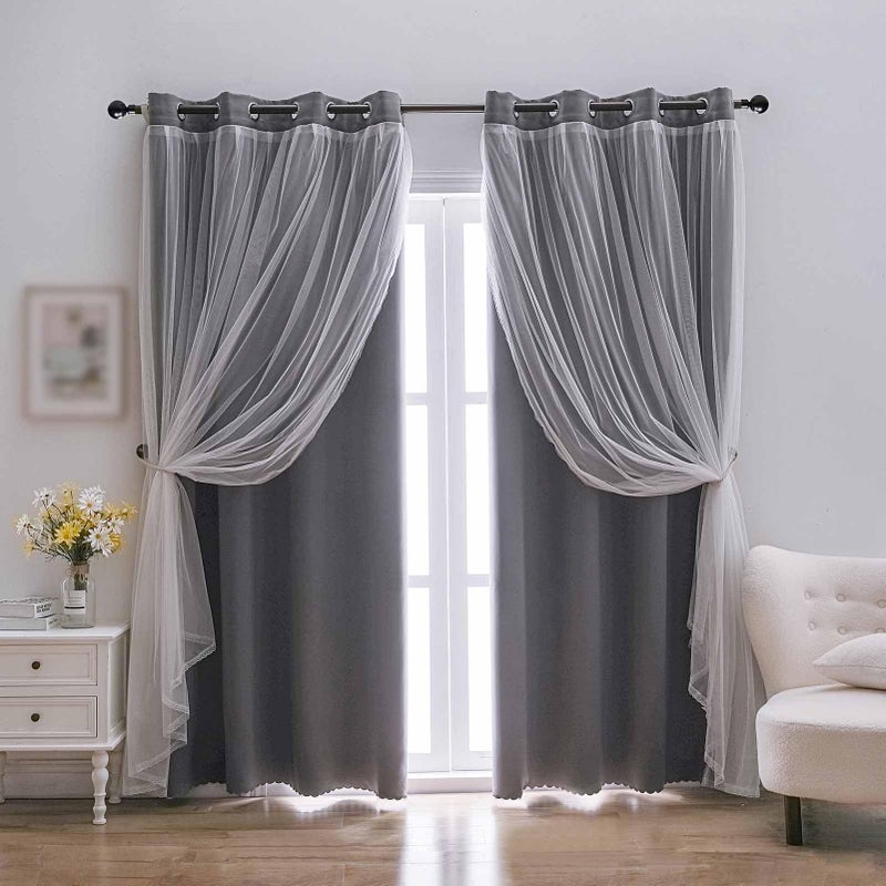 indistar Home Blackout Curtains Double Layer Solid Sheer Grommet Top Window Curtain Panel Pair, 52Wx63L,Grey - Image 1
