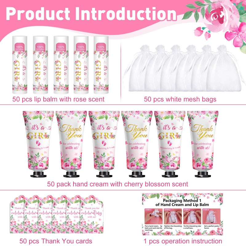 KONEUK 50 Pack Bulk Hand Cream and Lip Balm Gifts Sets, Baby Shower Favors and Bridal Shower Favors for Guests with Thank You Card and Organza Gift Bags, Appreciation Gifts, Wedding Party Favors (Baby Girls) - Image 2