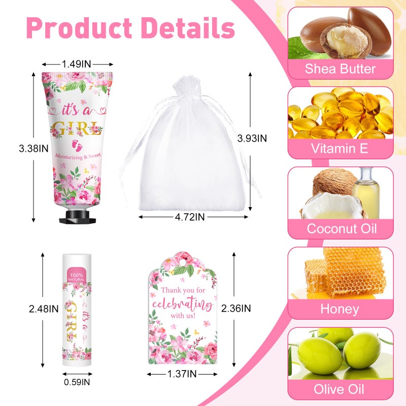 KONEUK 50 Pack Bulk Hand Cream and Lip Balm Gifts Sets, Baby Shower Favors and Bridal Shower Favors for Guests with Thank You Card and Organza Gift Bags, Appreciation Gifts, Wedding Party Favors (Baby Girls) - Image 3