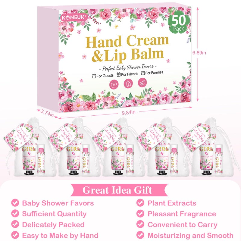 KONEUK 50 Pack Bulk Hand Cream and Lip Balm Gifts Sets, Baby Shower Favors and Bridal Shower Favors for Guests with Thank You Card and Organza Gift Bags, Appreciation Gifts, Wedding Party Favors (Baby Girls) - Image 5
