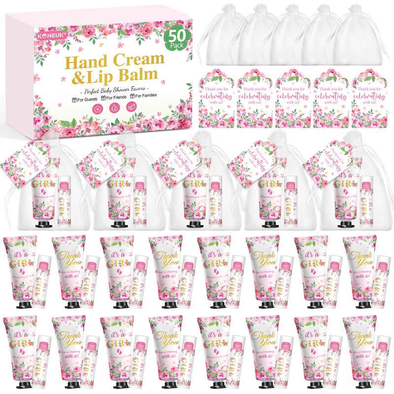KONEUK 50 Pack Bulk Hand Cream and Lip Balm Gifts Sets, Baby Shower Favors and Bridal Shower Favors for Guests with Thank You Card and Organza Gift Bags, Appreciation Gifts, Wedding Party Favors (Baby Girls) - Image 1