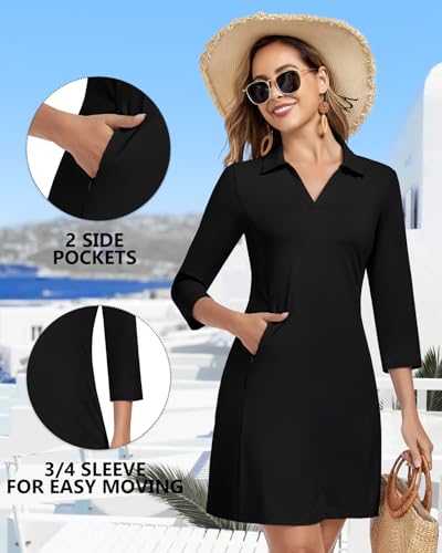 WOWENY 3/4 Sleeve Dress for Women with Pockets V Neck UPF 50+ Casual Sun Dress Breathable Quick Dry Beach Vacation (Black, M) - Image 4