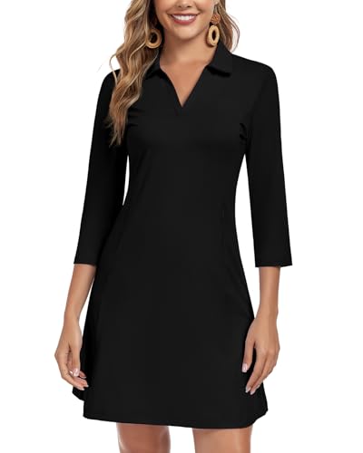 WOWENY 3/4 Sleeve Dress for Women with Pockets V Neck UPF 50+ Casual Sun Dress Breathable Quick Dry Beach Vacation (Black, M) - Image 1