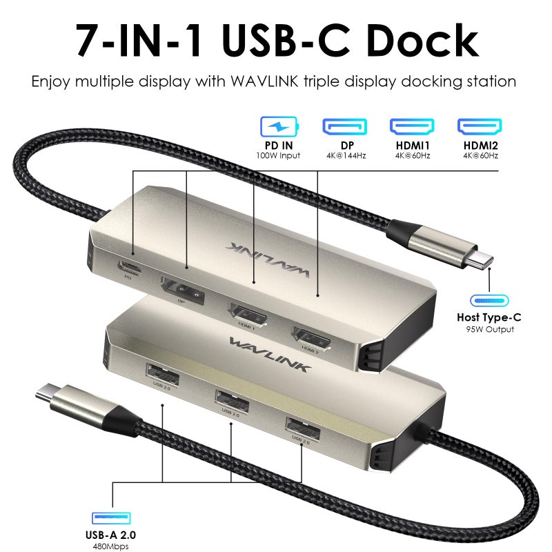 WAVLINK Laptop Docking Station, WAVLINK Triple 4K Docking Station with Dual HDMI, DP, 100W PD in, 3 USB-A2.0 for Wireless Device, Compatible with Dell/HP/Lenovo etc, Windows Systerm Computer Only - Image 2
