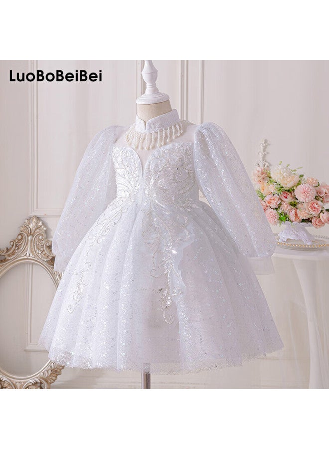 Luobobeibei Children's Princess Dress, Spring And Summer Puffy Skirt, Stylish Formal Dress, Girls' Wedding Performance Costume, White, Size 120 - Image 1