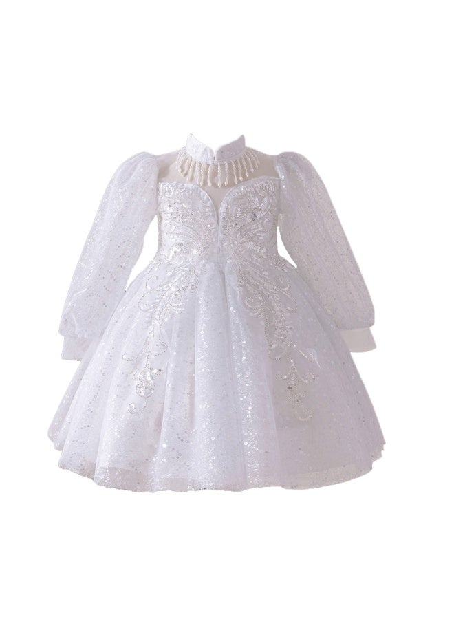Luobobeibei Children's Princess Dress, Spring And Summer Puffy Skirt, Stylish Formal Dress, Girls' Wedding Performance Costume, White, Size 120 - Image 3