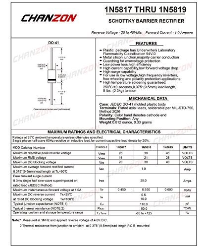 CHANZON (Pack of 100 Pieces) Chanzon 1N5817 Schottky Barrier Rectifier Diodes 1A 20V DO-41 (DO-204AL) Axial 5817 IN5817 1 Amp 20 Volt - Image 2