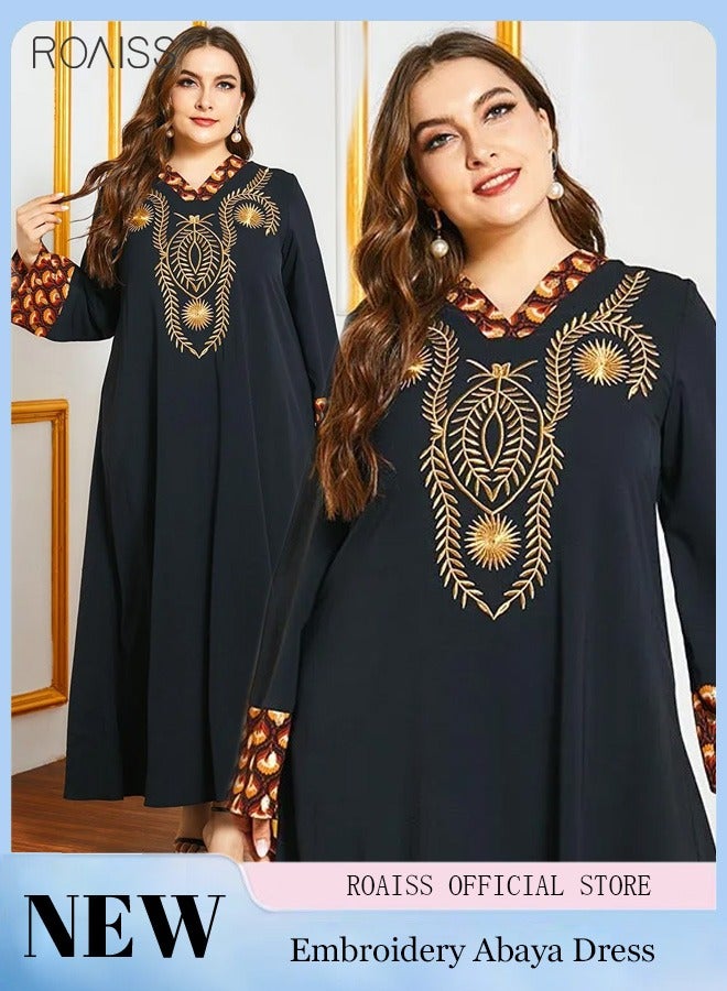 roaiss Women's Fashion Printed Embroidered Dress Collar and Cuffs Printed Panel Design Casual Loose Fitting  Long SleeveDress with Gold Embroidery Decoration on the Chest for Ladies Party Ramadan Eid al-Adha  - Image 1