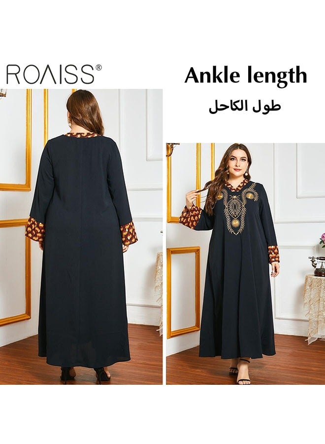 roaiss Women's Fashion Printed Embroidered Dress Collar and Cuffs Printed Panel Design Casual Loose Fitting  Long SleeveDress with Gold Embroidery Decoration on the Chest for Ladies Party Ramadan Eid al-Adha  - Image 2