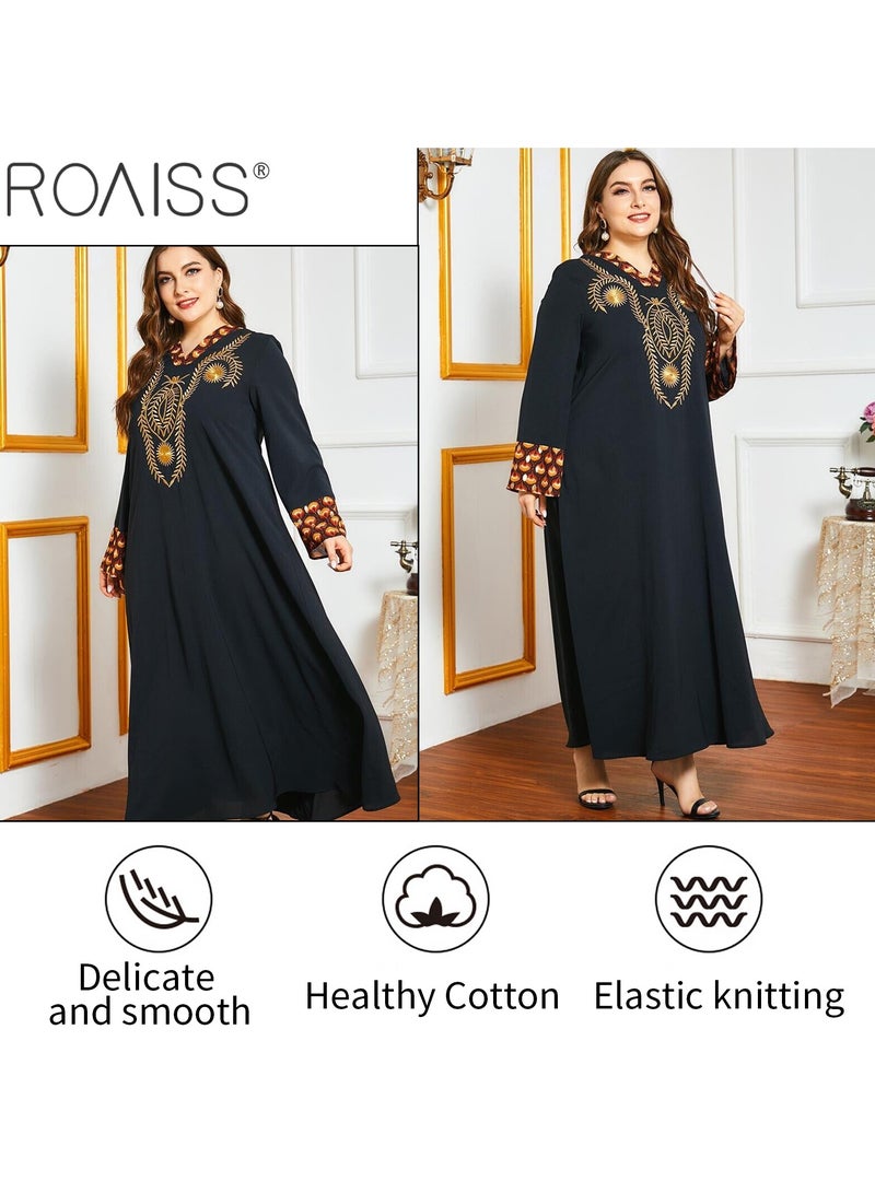 roaiss Women's Fashion Printed Embroidered Dress Collar and Cuffs Printed Panel Design Casual Loose Fitting  Long SleeveDress with Gold Embroidery Decoration on the Chest for Ladies Party Ramadan Eid al-Adha  - Image 3