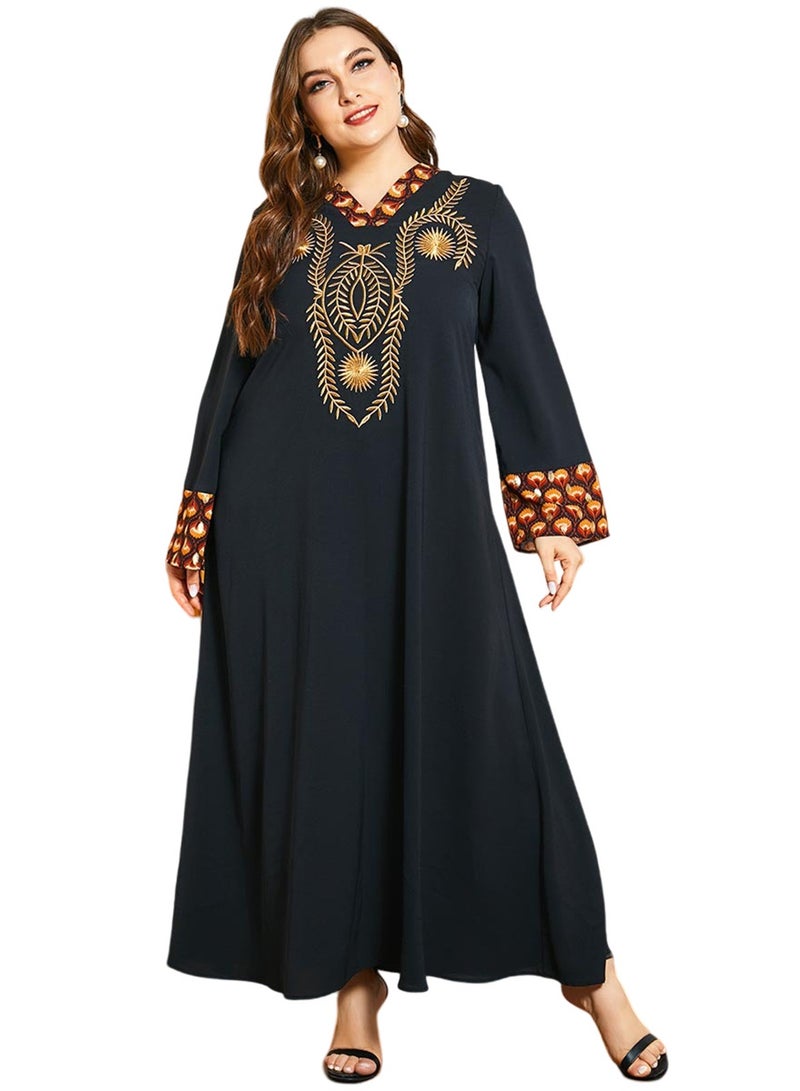 roaiss Women's Fashion Printed Embroidered Dress Collar and Cuffs Printed Panel Design Casual Loose Fitting  Long SleeveDress with Gold Embroidery Decoration on the Chest for Ladies Party Ramadan Eid al-Adha  - Image 4