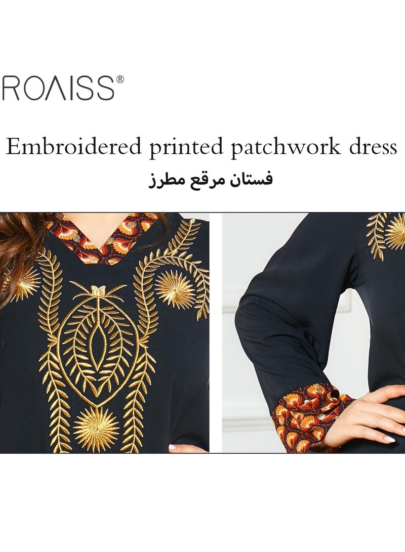roaiss Women's Fashion Printed Embroidered Dress Collar and Cuffs Printed Panel Design Casual Loose Fitting  Long SleeveDress with Gold Embroidery Decoration on the Chest for Ladies Party Ramadan Eid al-Adha  - Image 5