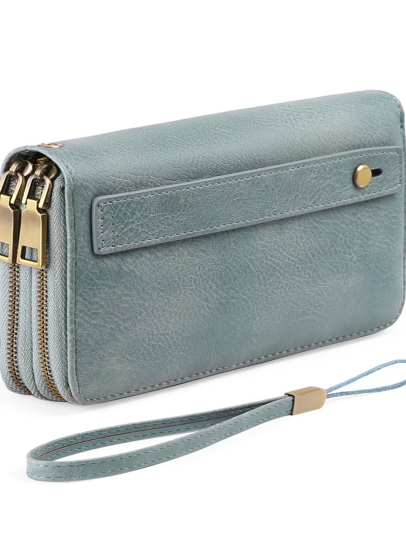 Excefore - Purses for Women Double Zipper Phone Clutch RFID Blocking Vegan Leather Wristlet Purse Large Capacity Long Credit Card Holder with Grip Hand Strap - Image 1
