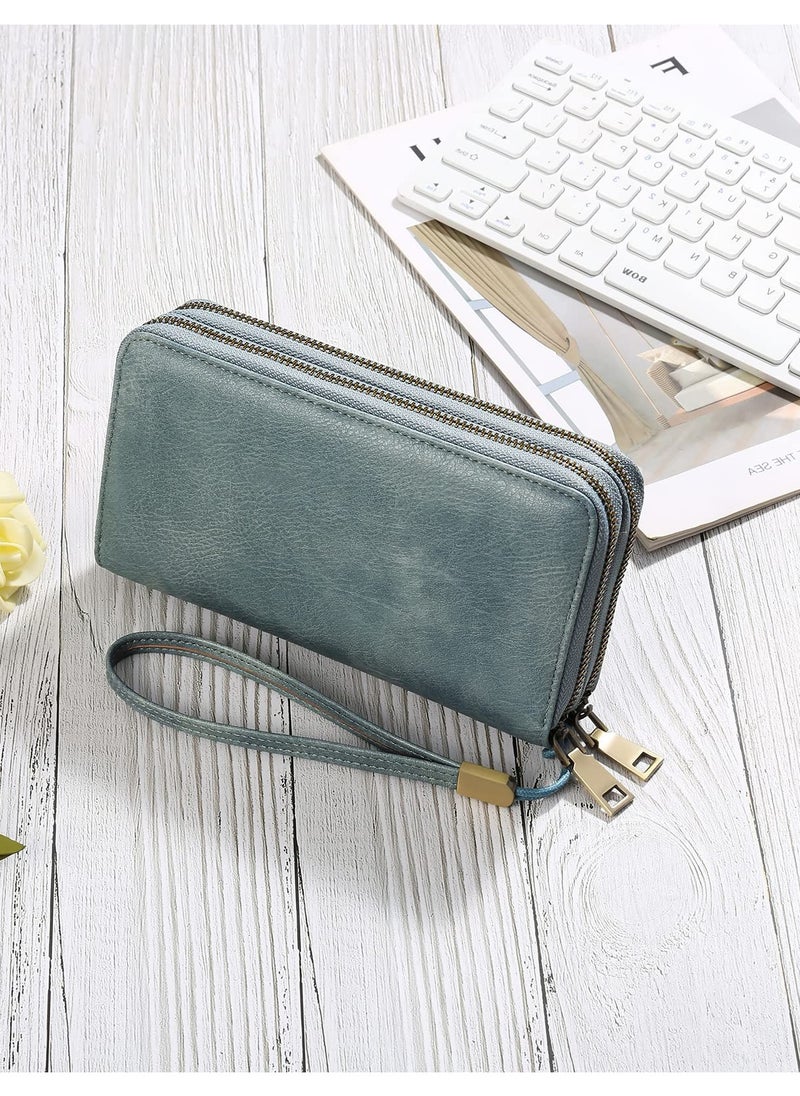 Excefore - Purses for Women Double Zipper Phone Clutch RFID Blocking Vegan Leather Wristlet Purse Large Capacity Long Credit Card Holder with Grip Hand Strap - Image 1