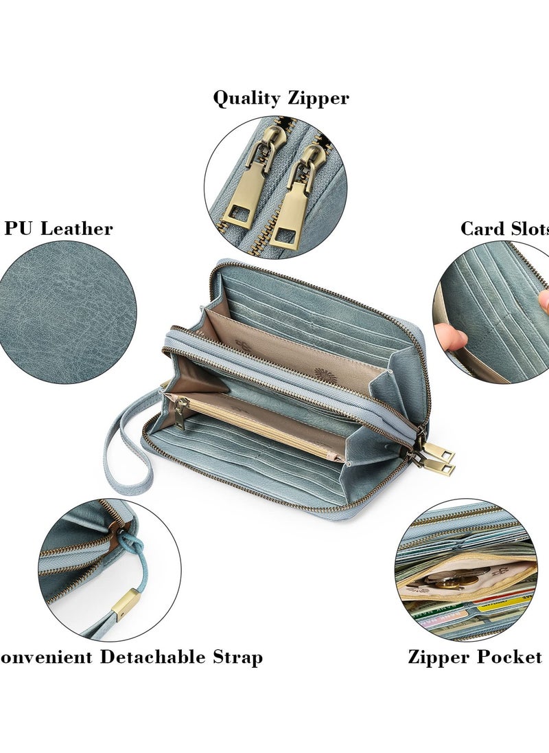 Excefore - Purses for Women Double Zipper Phone Clutch RFID Blocking Vegan Leather Wristlet Purse Large Capacity Long Credit Card Holder with Grip Hand Strap - Image 1