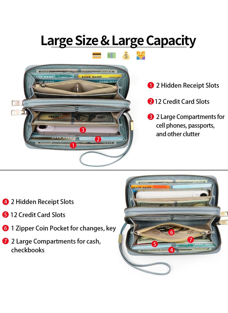Excefore - Purses for Women Double Zipper Phone Clutch RFID Blocking Vegan Leather Wristlet Purse Large Capacity Long Credit Card Holder with Grip Hand Strap - Image 1