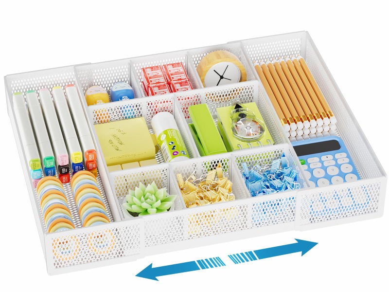 Marbrasse Expandable Desk Drawer Organizer, Mesh Drawer Organizer Tray with 10 Adjustable Compartments, Desk Organizers and Accessories, 5 Dividers Drawer for Office Supplies, Makeup & Vanity (White) - Image 1