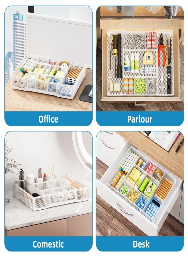 Marbrasse Expandable Desk Drawer Organizer, Mesh Drawer Organizer Tray with 10 Adjustable Compartments, Desk Organizers and Accessories, 5 Dividers Drawer for Office Supplies, Makeup & Vanity (White) - Image 4