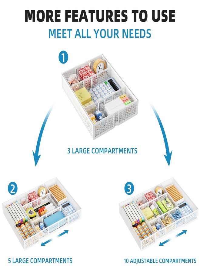 Marbrasse Expandable Desk Drawer Organizer, Mesh Drawer Organizer Tray with 10 Adjustable Compartments, Desk Organizers and Accessories, 5 Dividers Drawer for Office Supplies, Makeup & Vanity (White) - Image 5