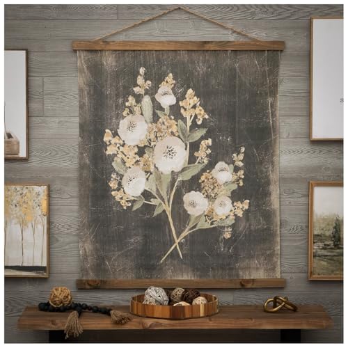 Hobby Lobby Vintage Floral Tapestry Wall Decor Canvas MDF Rectangle Vertical Includes Hanging Rope Distressed Black Background Wooden Frame Muted Tones - Image 1