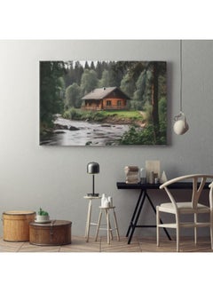 Inspiring view log cabin from forest with the river background Printed canvas wall art