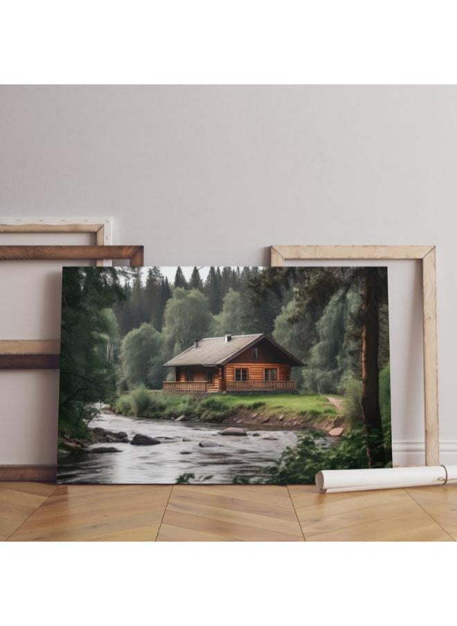 Home Gallery - Inspiring view log cabin from forest with the river background Printed canvas wall art - Image 1