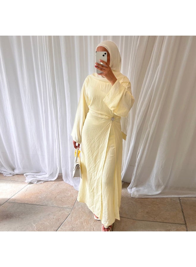 Women Solid Round Neck Wrap Abaya Dress Flared Sleeve Rhinestone Buckle Loose Maxi Dress - Image 1