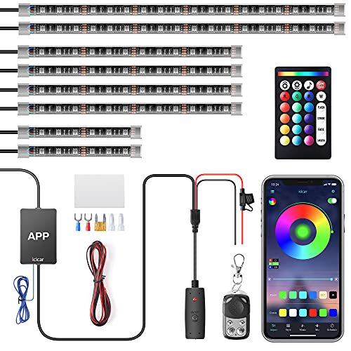 icicar 8PCS RGB Motorcycle LED Underglow Kit, App Control Dual Remote Multi-Color IP68 Waterproof Music Sync Accent Light with Brake Turn Signal for Harley Honda Golf Cart - Image 1