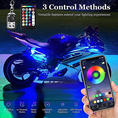 icicar 8PCS RGB Motorcycle LED Underglow Kit, App Control Dual Remote Multi-Color IP68 Waterproof Music Sync Accent Light with Brake Turn Signal for Harley Honda Golf Cart - Image 2