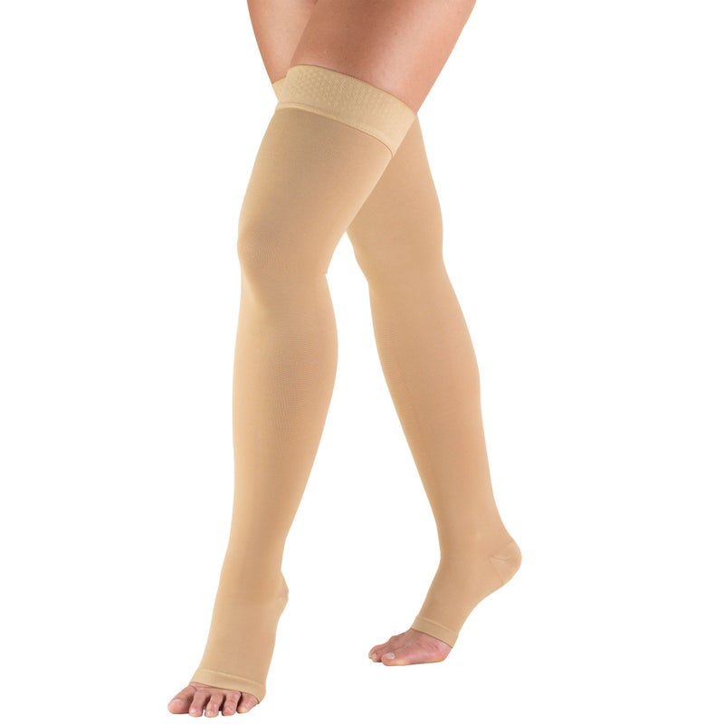 Truform 2030 mmHg Compression Stockings for Men and Women Thigh High Length DotTop Open Toe Beige Large