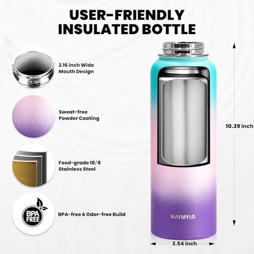 RAYMYLO Insulated Water Bottle 40 oz, Triple Wall Vacuum Stainless Steel (Cold for 48 Hrs), Leak Proof & BPA-Free, Modern Water Flask Jug with Paracord Handle & Straw Spout Lids, Hydrangea - Image 5