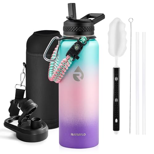 RAYMYLO Insulated Water Bottle 40 oz, Triple Wall Vacuum Stainless Steel (Cold for 48 Hrs), Leak Proof & BPA-Free, Modern Water Flask Jug with Paracord Handle & Straw Spout Lids, Hydrangea - Image 1