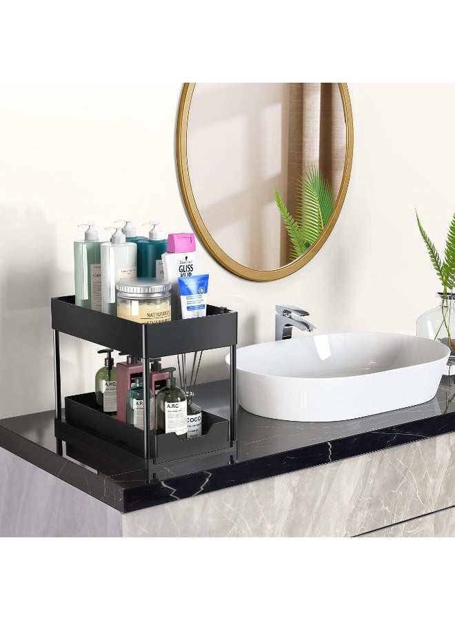 Under Sink Organizer, 2-Tier Sliding Drawer Storage Rack with Hooks & Cup, No Tool Assembly, ABS Plastic with Coated Steel Tubes for Kitchen Bathroom Cabinet, 14.96"L x 8"W x 13.2"H, Black - Image 3