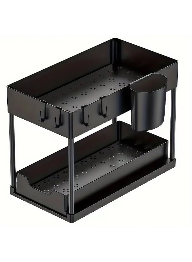 Under Sink Organizer, 2-Tier Sliding Drawer Storage Rack with Hooks & Cup, No Tool Assembly, ABS Plastic with Coated Steel Tubes for Kitchen Bathroom Cabinet, 14.96"L x 8"W x 13.2"H, Black - Image 2