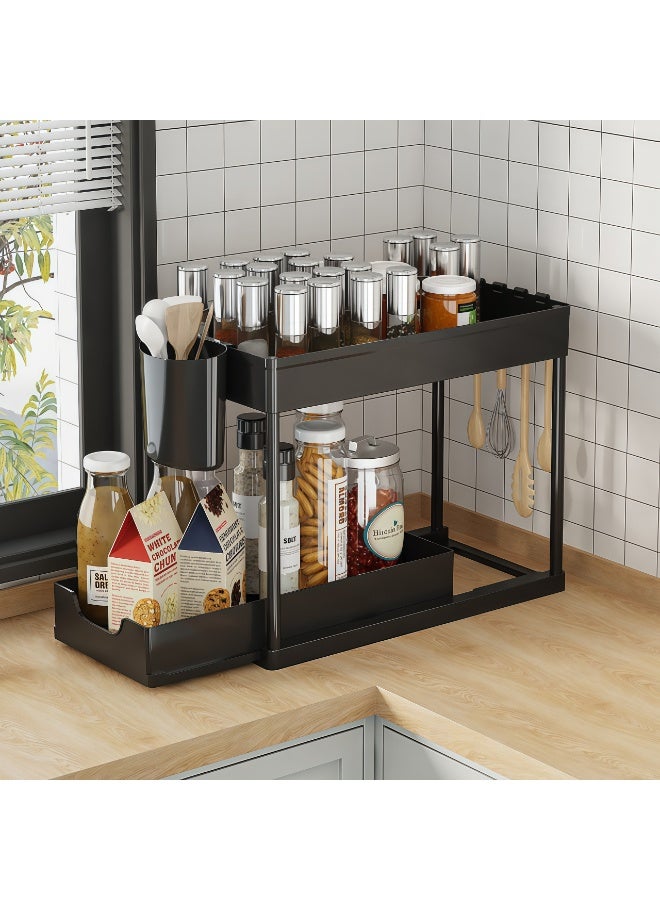 Under Sink Organizer, 2-Tier Sliding Drawer Storage Rack with Hooks & Cup, No Tool Assembly, ABS Plastic with Coated Steel Tubes for Kitchen Bathroom Cabinet, 14.96"L x 8"W x 13.2"H, Black - Image 1