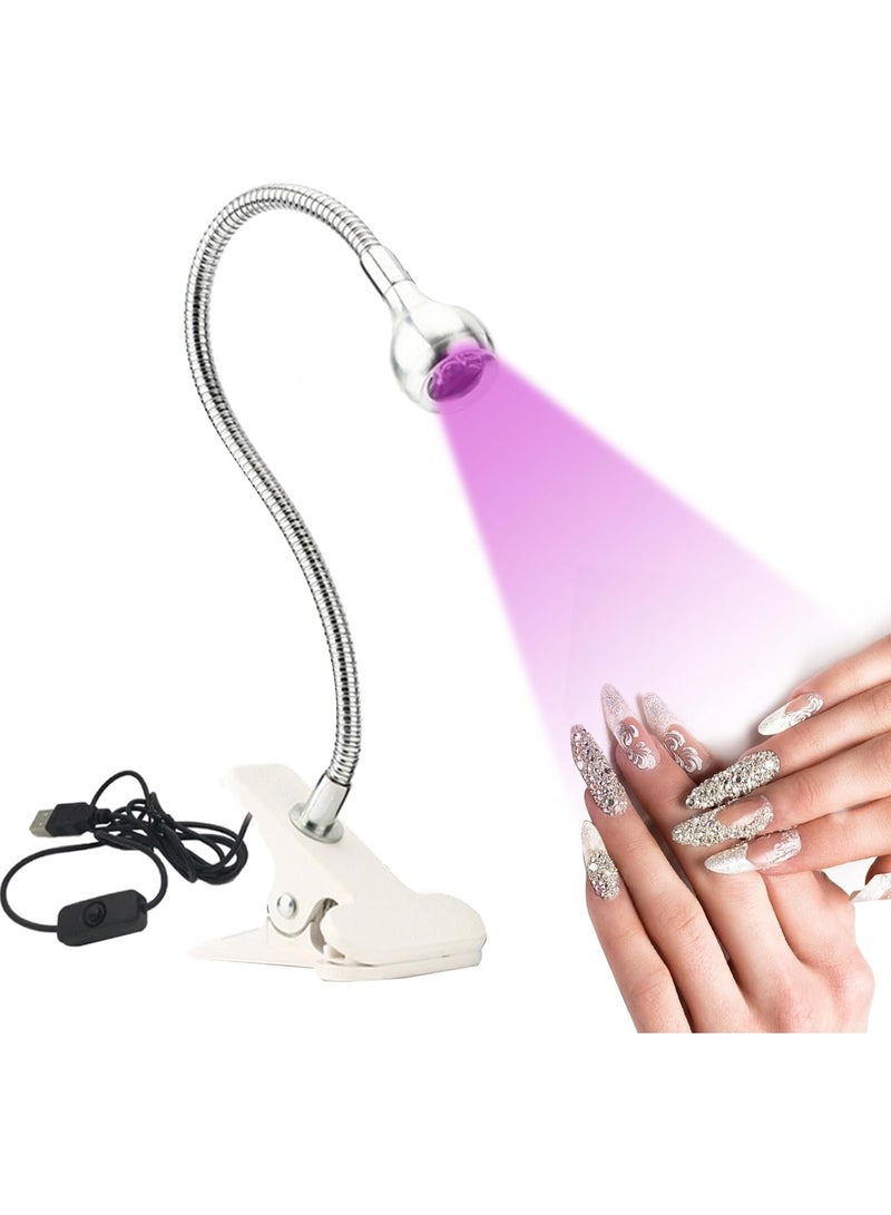 BIGTHREE USB UV LED, UV Lamp Nail Dryer, Goose Neck Nail Lamp Nail Phototherapy Lamp Nail Polish UV Glue Curing Violet Light Nightlight.with Clip and Switch USB Input (Silver) - Image 5