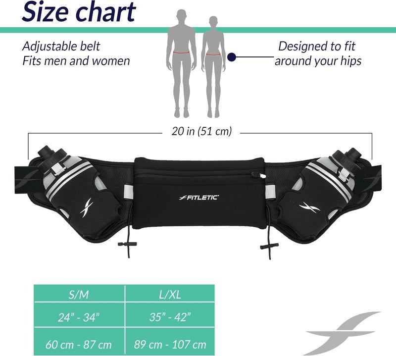 Fitletic Hydra 16oz Running Belt with Water Bottles - Black, L/XL - Image 3