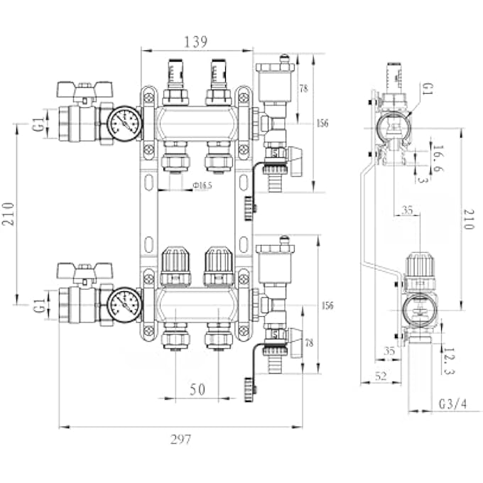 HEATING CIRCUIT DISTRIBUTOR STAINLESS STEEL FOR 2 HEATING CIRCUITS WITH EURO CONE 3/4 (16 X 2 MM), UNDERFLOOR HEATING DISTRIBUTOR WITH FLOW METER, QUICK BLEEDER SET, 1 INCH BALL VALVES AND - Image 2