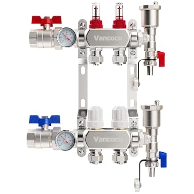 HEATING CIRCUIT DISTRIBUTOR STAINLESS STEEL FOR 2 HEATING CIRCUITS WITH EURO CONE 3/4 (16 X 2 MM), UNDERFLOOR HEATING DISTRIBUTOR WITH FLOW METER, QUICK BLEEDER SET, 1 INCH BALL VALVES AND - Image 1