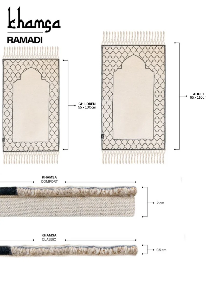 KHAMSA Classic | Muslim Prayer Rug Prayer Mat Adult Size 65 cm x 110 cm Arabic Style Janamaz in 100% Soft Organic Cotton Fabric Handcrafted Arabic Design | Ramadi - Grey