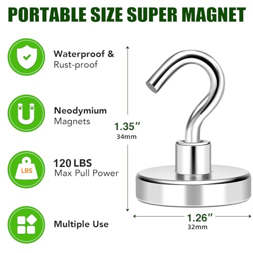 MIKEDE Magnetic Hooks Heavy Duty,120LB Strong Magnet with Hook for Refrigerator, Super Neodymium Magnetic Cruise Hooks for Hanging, Locker Organizer Industrial Hooks for Cabins, Grill - 12 Pack - Image 4