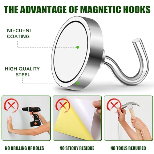 MIKEDE Magnetic Hooks Heavy Duty,120LB Strong Magnet with Hook for Refrigerator, Super Neodymium Magnetic Cruise Hooks for Hanging, Locker Organizer Industrial Hooks for Cabins, Grill - 12 Pack - Image 2