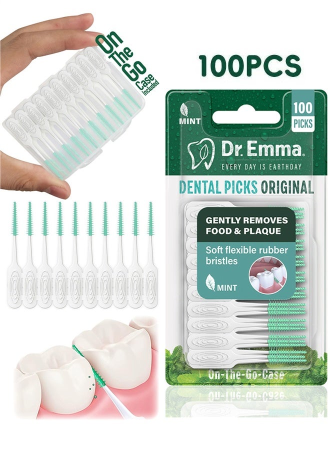 Dr.Emma 100 Pieces Dental Floss Picks Soft Silicone Interdental Brush, Mint Flavor interdental Brush, Disposable Soft Silicone Braces Brush, Tooth Cleaning Tool For Cleaning Teeth Health, Green Tooth Floss Picks (Green) - Image 1