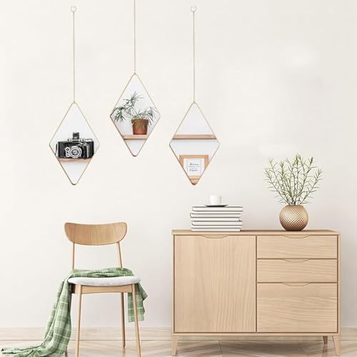 HOME ELEMENTS Plastic Wall Mirror Set with Hanging Chain (Pack of 3), Modern Decorative Golden Frame Mirror for Aesthetic Room Decor, Bathroom, Bedroom, Living Room (Diamond) - Image 1