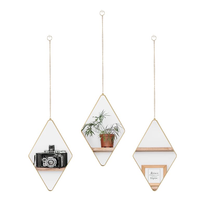 HOME ELEMENTS Plastic Wall Mirror Set with Hanging Chain (Pack of 3), Modern Decorative Golden Frame Mirror for Aesthetic Room Decor, Bathroom, Bedroom, Living Room (Diamond) - Image 3