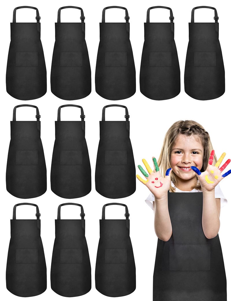 IAGBIBUI 12 Pack Kids Aprons Bulk with 2 Pockets Adjustable Chef Art Apron Kids Painting Aprons for Cooking Baking Crafting Grilling for Boys Girls Age 6-13 Years(Black) - Image 1