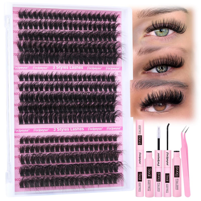 Focipeysa Full Volume Lash Extension Kit 70D 80D 90D Thick Lash Extension Kit 10-18mm Wispy Lash Clusters Individual Lashes Kit with Lash Bond and Seal for DIY Lash Extension at Home - Image 1